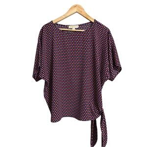 Michael Kors Navy Pink Orange Polka Dot Tie Side Blouse Oversized Small